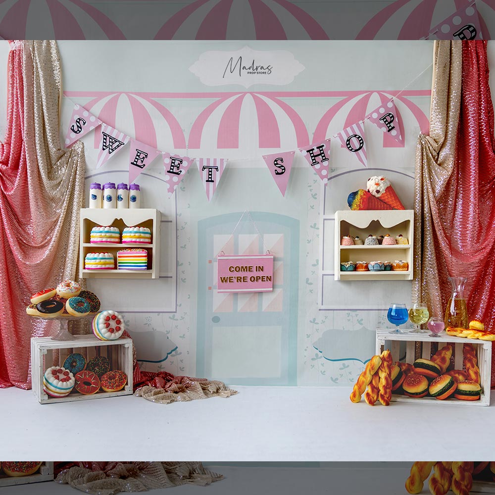 Rental - Sweet Shop - Printed Baby Backdrop - 5 by 6 Feet - Fabric