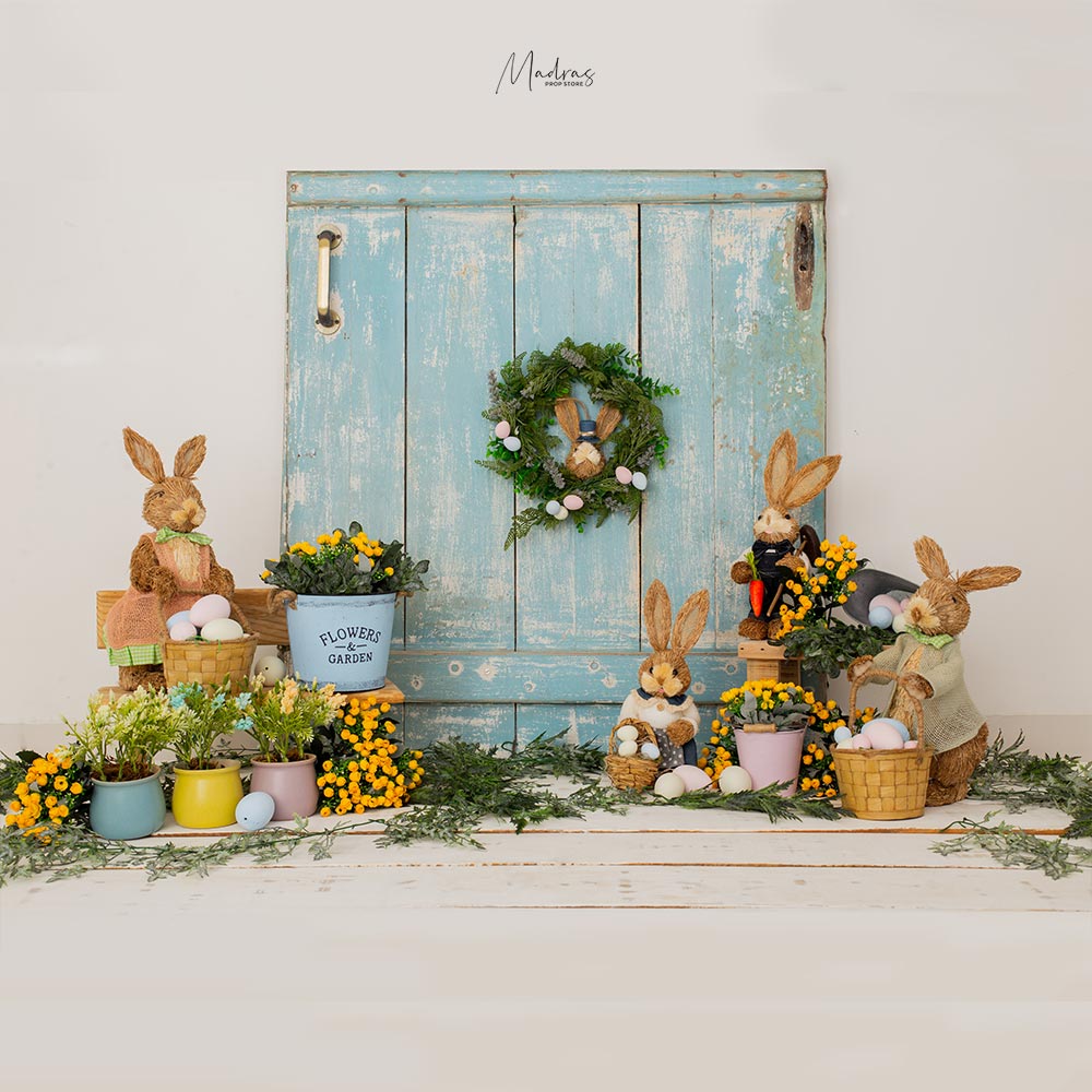 Blue Door Bunny Garden - 5 By 8- Fabric Printed Backdrop