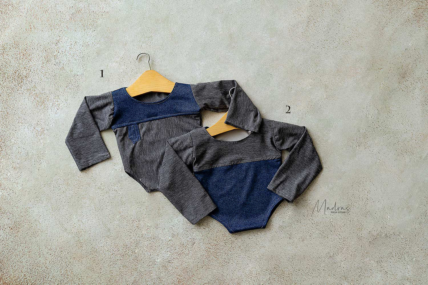 Rental - Twin romper set blue grey 0 to 1 Months