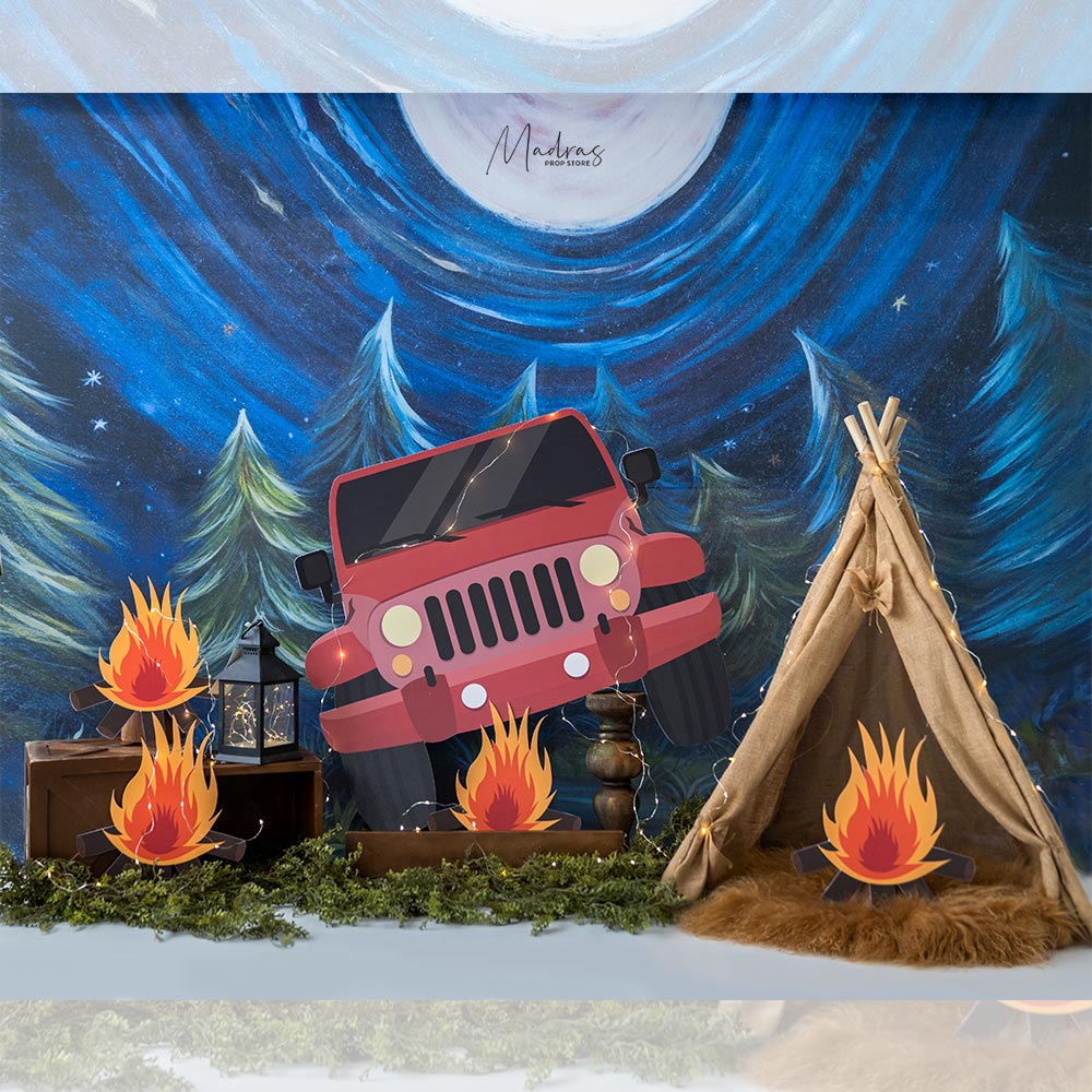 Rentals - Jeep in the wood- Printed Baby Backdrops - 5 by 6 feet - Fabric