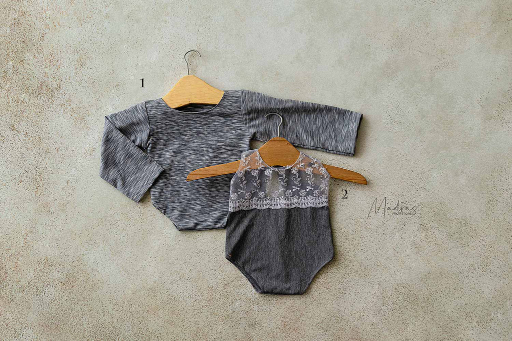 Rentals - Twin romper set grey + lace 0 to 1 months